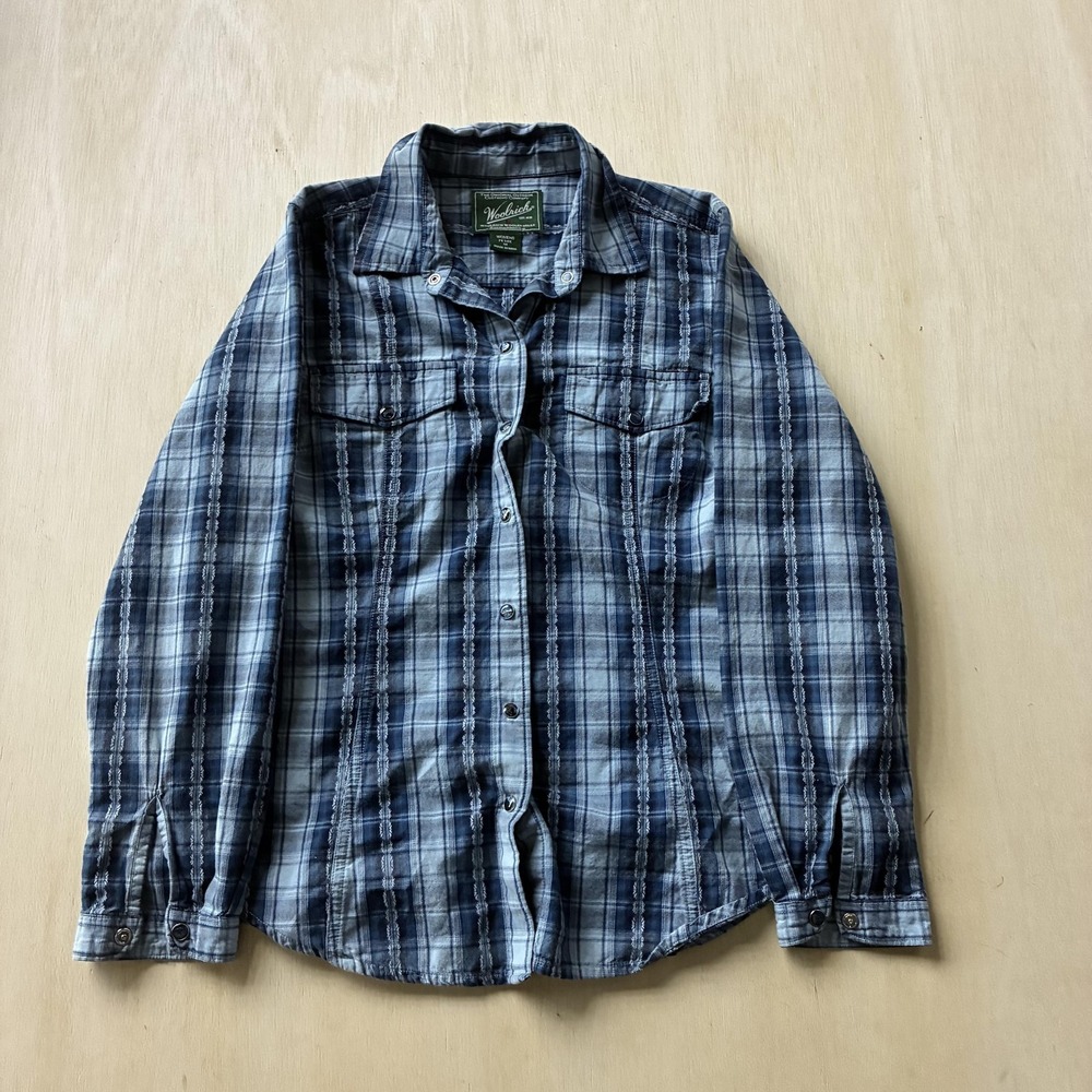 Woolrich Shirt Womens Medium Petite Blue Plaid Flannel Button Up Long Sleeve
